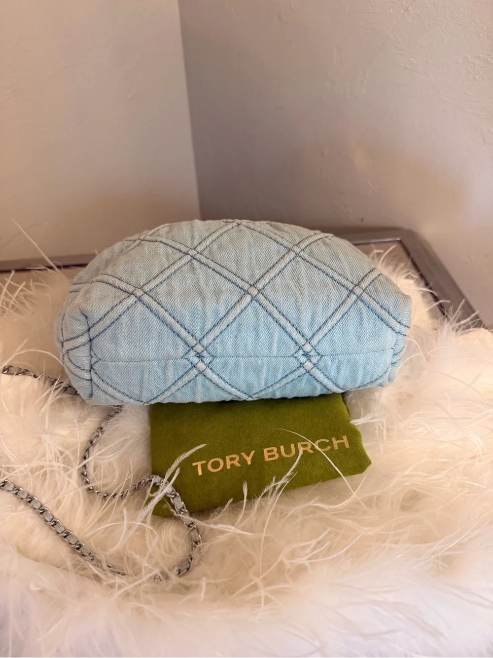 Tory Burch Mini Fleming Quilted Denim Hobo Bag